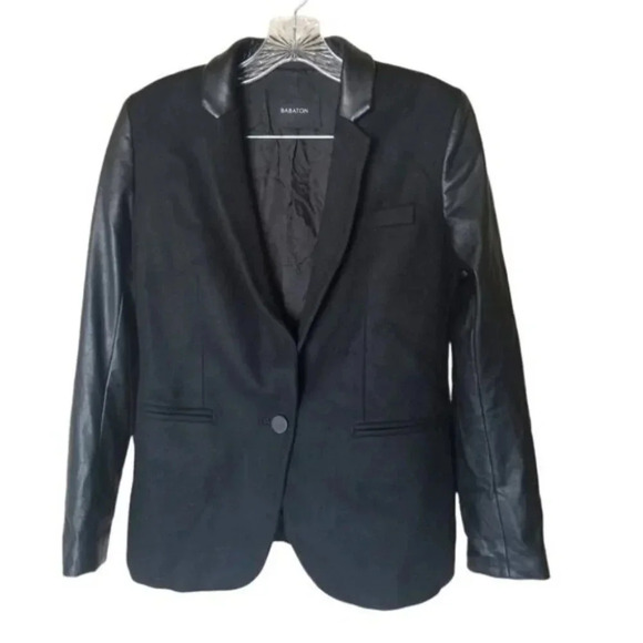 Aritzia Babaton Fred Blazer Black Wool Cashmere Blend Faux Leather Sleeves - Picture 3 of 13
